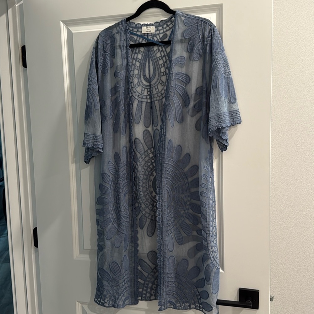 David and Young Blue Floral Lace Kimono Duster Womens One Size Boho Sheer